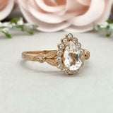 2.2ct Engagement Ring Pear Cut Diamond Leaf Inspired Halo 14k Yellow Gold Finish