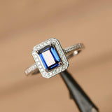 2.3ct Emerald Cut Blue Sapphire Diamond Accent Halo Ring 14k White Gold Finish