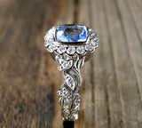 2Ct Cushion Cut Blue Topaz Vintage Halo Engagement Ring 14K White Gold Finish
