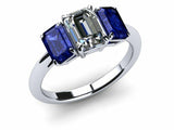 2ct Emerald Cut Diamond Sapphire 3 Stone Engagement Ring 14k White Gold Finish