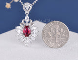 2ct Oval Simulated Ruby Floral Cluster Pendant 14k White Gold Plated NO CHAIN