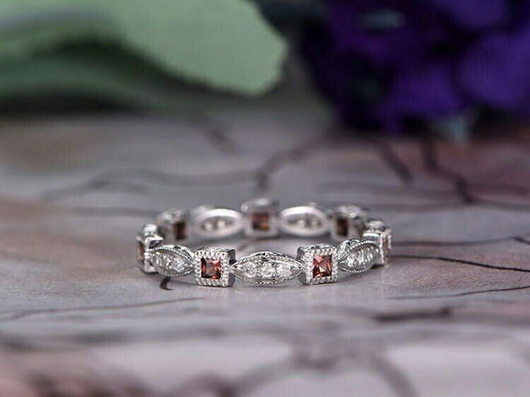 1ct Princess Cut Red Garnet Vintage Stackable Wedding Band 14k White Gold Finish
