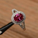 2.4ct Oval Cut Pink Ruby Halo Split Shank Engagement Ring 14k White Gold Finish