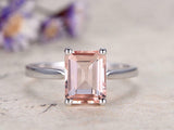 Emerald Cut Peach Morganite Solitaire Engagement Ring 14k White Gold Finish