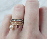 0.3ct Pearl Dangling Women Chain Ring 14k Yellow Gold Finish