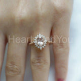 2ct Oval Cut Simulated Peach Morganite Cluster Halo Ring 14k White Gold Plated