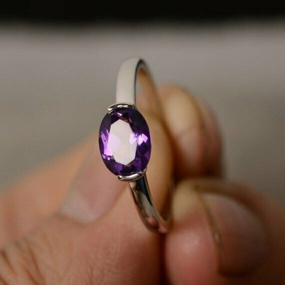 0.8ct Oval Cut Purple Amethyst Engagement Ring 14k White Gold Finish Solitaire