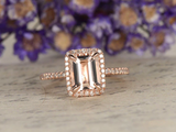 1.6ct Emerald Cut Peach Morganite Halo Diamond Accents Ring 14k Rose Gold Finish