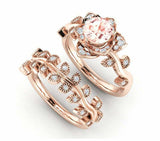 2ct Round Cut Morganite Floral Bridal Set Engagement Ring 14k Rose Gold Finish