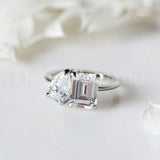 2.3ct Emerald Simulated Diamond Toi Et Moi Engagement Ring 14k White Gold Plated