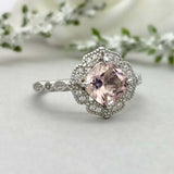 2.3ct Engagement Ring Cushion Cut Pink Sapphire Milgrain Halo 14k WhiteGold Over