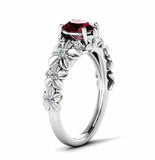 2ct Round Cut Red Garnet Flower Solitaire with Accent Ring 14k White Gold Finish