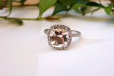 2ct Cushion Cut Peach Morganite Engagement Ring 14k White Gold Over Diamond Halo