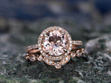 3.5ct Round Peach Morganite Halo Bridal Set Engagement Ring 14K Rose Gold Over