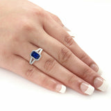 4Ct Emerald Cut Blue Sapphire Diamond Split Shank Halo Ring 18K White Gold Over