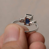1.2ct Emerald Cut Blue Sapphire Engagement Ring 14k White Gold Finish Trilogy