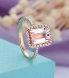 2ct Emerald Cut Peach Morganite Engagement Ring Halo Diamond 14k RoseGold Finish