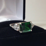 2.5ct Green Emerald Diamond Accent Trilogy Engagement Ring 14k White Gold Finish