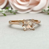 1ct Engagement Ring Cushion Cut Peach Morganite Three Stone 14k Yellow Gold Over