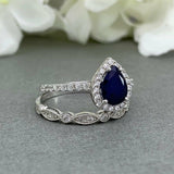 1.6ct Pear Cut Blue Sapphire Halo Bridal Set Engagement Ring 14k White Gold Over
