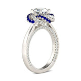 4Ct Round Cut Diamond Sapphire Floral Halo Engagement Ring 14K White Gold Finish