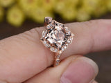 1ct Cushion Cut Morganite Solitaire Floral Engagement Ring 14k Rose Gold Finish
