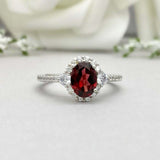 2.3ct Oval Cut Red Garnet Diamond Accent Halo Engagement Ring 14k WhiteGold Over