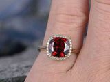 2.3ct Cushion Cut Red Garnet Halo Solitaire Engagement Ring 14K Rose Gold Finish