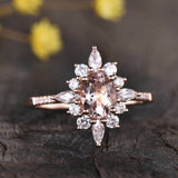 2.5ct Engagement Ring Oval Cut Peach Morganite Floral Sunburst 14k RoseGold Over