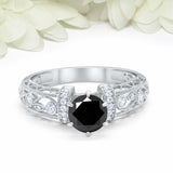 2ct Round Cut Black Diamond Filigree Vintage Inspired Ring 14k White Gold Finish