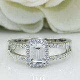 2.7ct Emerald Cut Diamond Engagement Ring Halo Split Shank 14k White Gold Finish