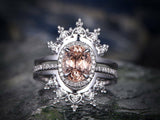 2Ct Oval Cut Peach Morganite Halo Solitaire Ring and Guard 14K White Gold Finish