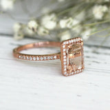 4Ct Emerald Cut Morganite Diamond Accent Halo Engagement Ring 14K Rose Gold Over