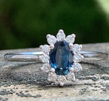2.3ct Oval Cut Blue Sapphire Diamond Halo Floral Ring 14k White Gold Finish