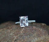 1ct Emerald Diamond Engagement Ring Round Accent Solitaire 14k White Gold Finish