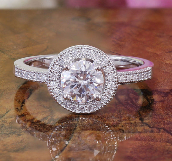 Milgrain Halo Solitaire Engagement Ring 2ct Round Diamond 14k White Gold Finish