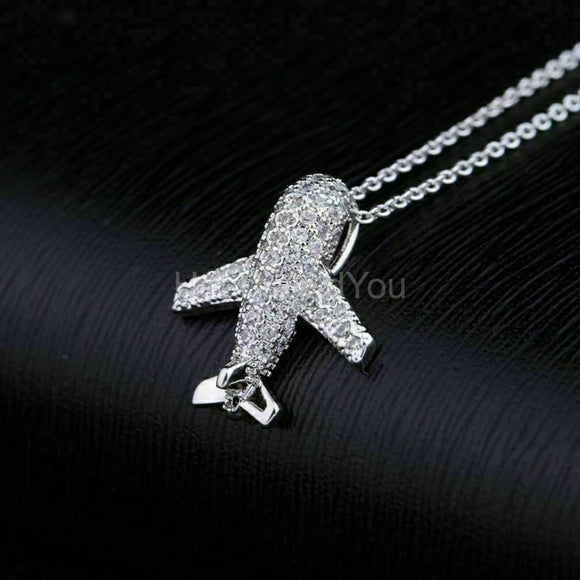 2ct Round Cut Moissanite Mini Airplane Pendant with Chain 14k White Gold Plated