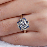 4Ct Round Cut Diamond Sapphire Floral Halo Engagement Ring 14K White Gold Finish