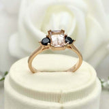 1ct Engagement Ring Emerald Cut Peach Morganite Trilogy 14k Yellow Gold Finish