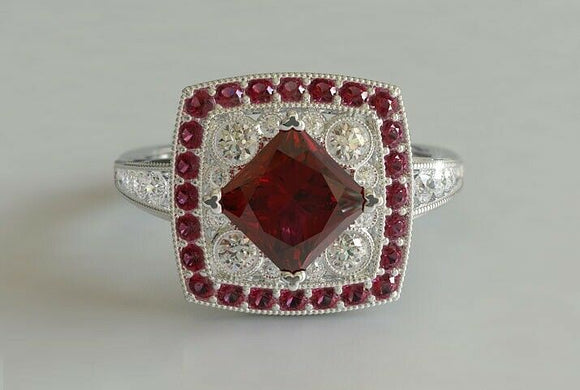 4ct Princess Cut Pink Ruby Engagement Ring Art Deco Vintage 14k WhiteGold Finish