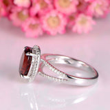 2.3ct Oval Cut Red Garnet Engagement Ring Halo Split Shank 14k White Gold Finish