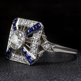4Ct Round Cut Diamond Art Deco Ring 18K White Gold Finish Blue Sapphire Accents