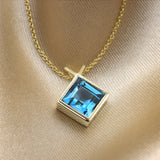1ct Princess Simulated Blue Topaz Bezel Pendant 14k Yellow Gold Plated NO CHAIN