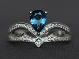 2.5ct Pear Cut London Blue Topaz Split Shank Crown Ring 14k White Gold Finish
