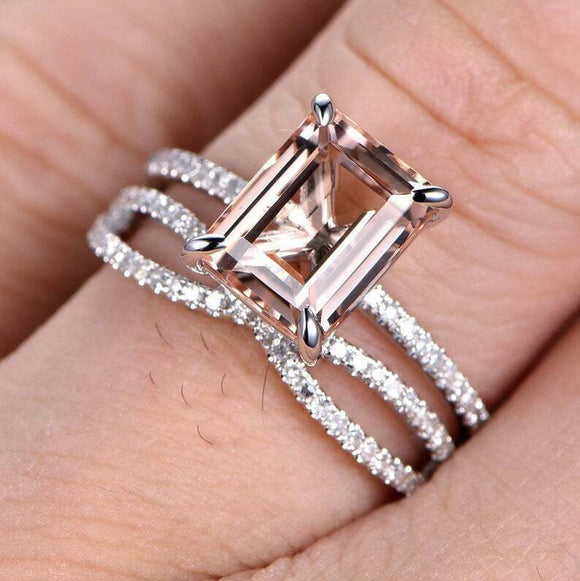 3ct Emerald Cut Peach Morganite Bridal Set Ring Infinity Band 14k WhiteGold Over