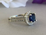 2ct Round Cut Blue Sapphire Halo Split Shank Engagement Ring 14k White Gold Over