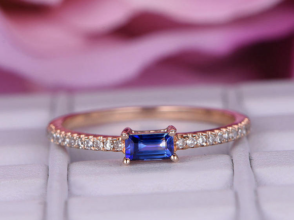 0.5ct Baguette Cut Blue Sapphire Engagement Ring Minimalist 14k Rose Gold Finish