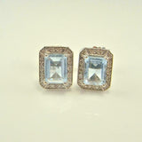 2.2ct Emerald Cut Blue Aquamarine Diamond Halo Stud Earrings 14k White Gold Over