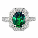 2ct Oval Cut Green Emerald Engagement Ring Halo Milgrain 14k White Gold Finish