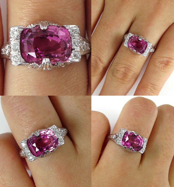 5Ct Cushion Pink Sapphire Antique Vintage Engagement Ring 14K White Gold Finish